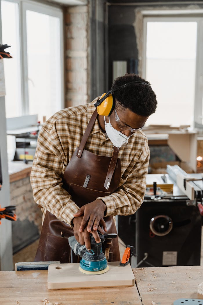 African American craftsman using a sander on wood in an indoor workshop setting.
